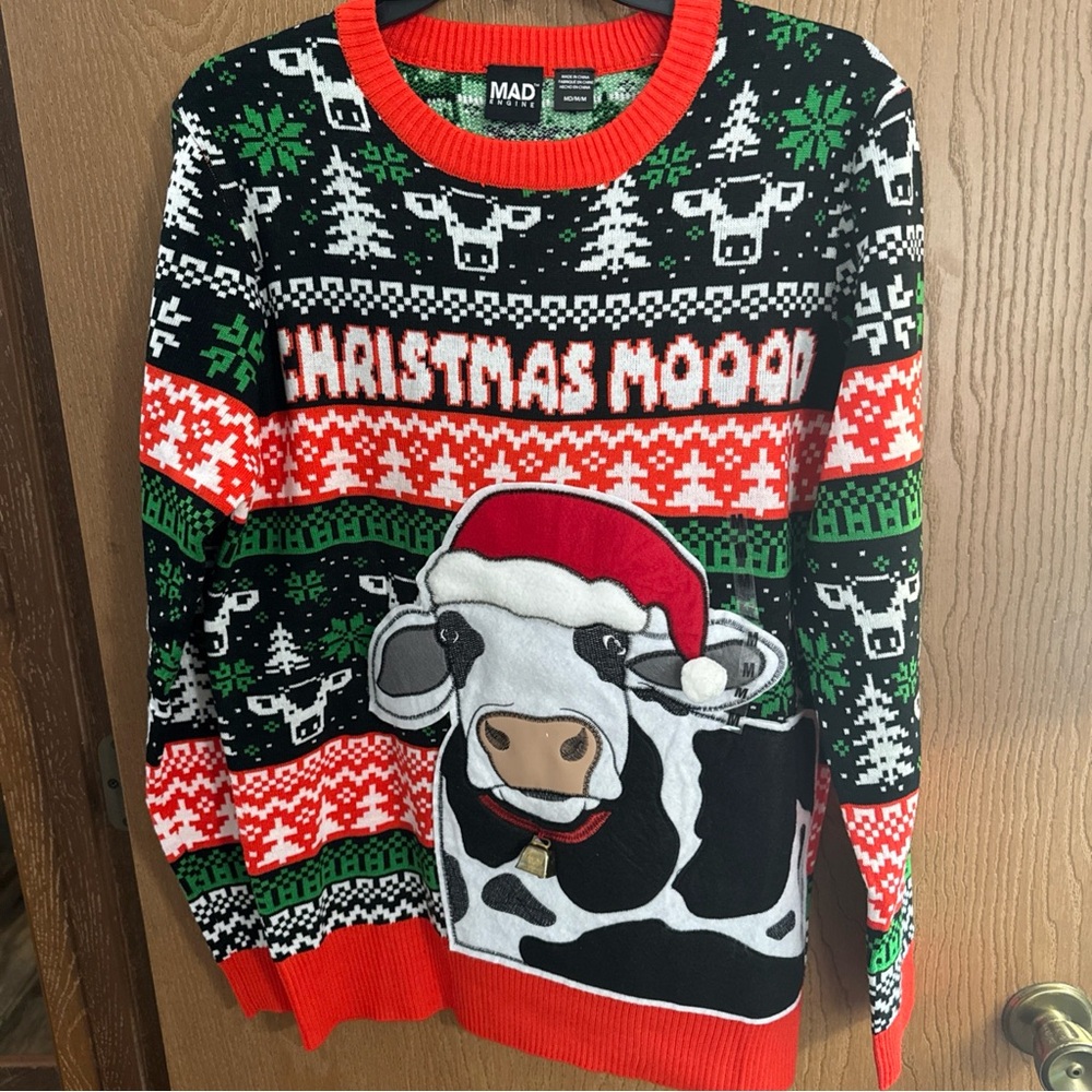 New Christmas Moood Cow Jingle Bell Holiday Ugly Sweater Men's Medium Mad Engine